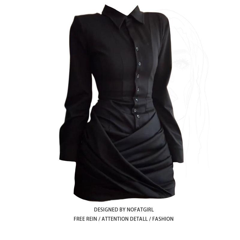 

Plus-Size European and American Style Sexy Slim-Fit Shirt Dress for Women, Autumn Design with a Fitted Short Skirt Dress M