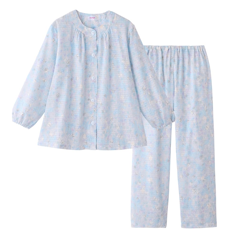Gunze Long Sleeve Pajamas with Elastic Sleeve and Leg Mini Soraha Sax Women's Holes, 100% Cotton, Moisture-Wicking, Quick-Drying, Print,