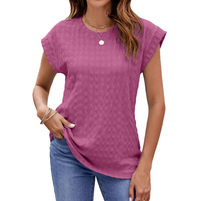 Spring Summer Solid Color Jacquard Solid Color Round Neck Short Sleeved T-shirt Top for Women Shirt