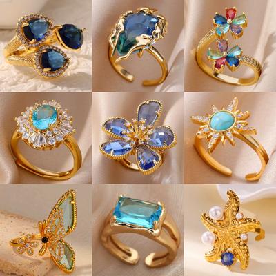 Luxury Blue Colorful Zircon Rings For Women Stainless Steel Gold Plated Flower Butterfly Ring Exquisite Party Shiny Zircon 2025