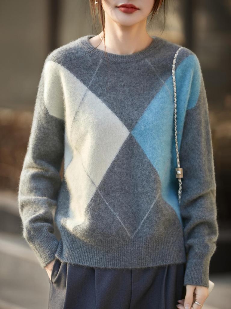 Women's Pure Wool Long Sleeve Jacquard Pullover - Autumn/Winter Round Neck Base Layer