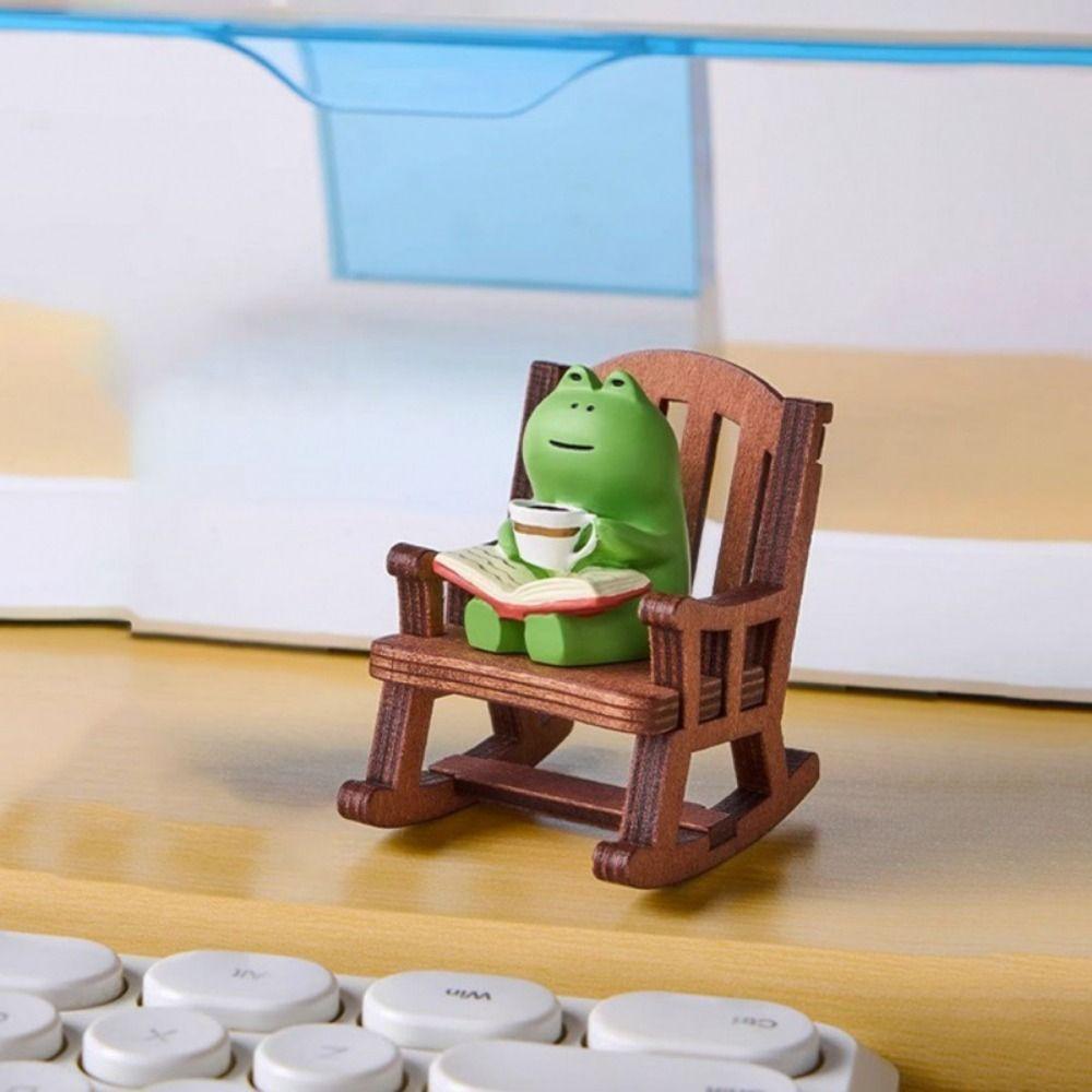 2PCs/set Cute Reading Frog Miniatures Mini Small Chair Ornaments Rocking Chair Frog Models  Home