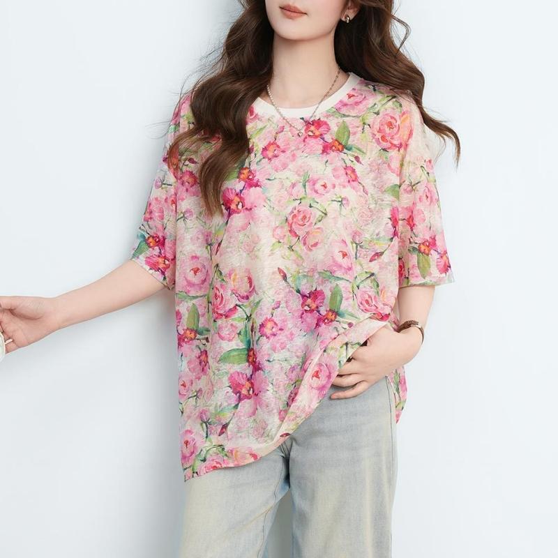 DIMANAF 2026 Plus Size Summer Beach Women T-Shirts Tops Floral Print Casual Lady Tunic Tees Shirt Oversize Loose Knitted