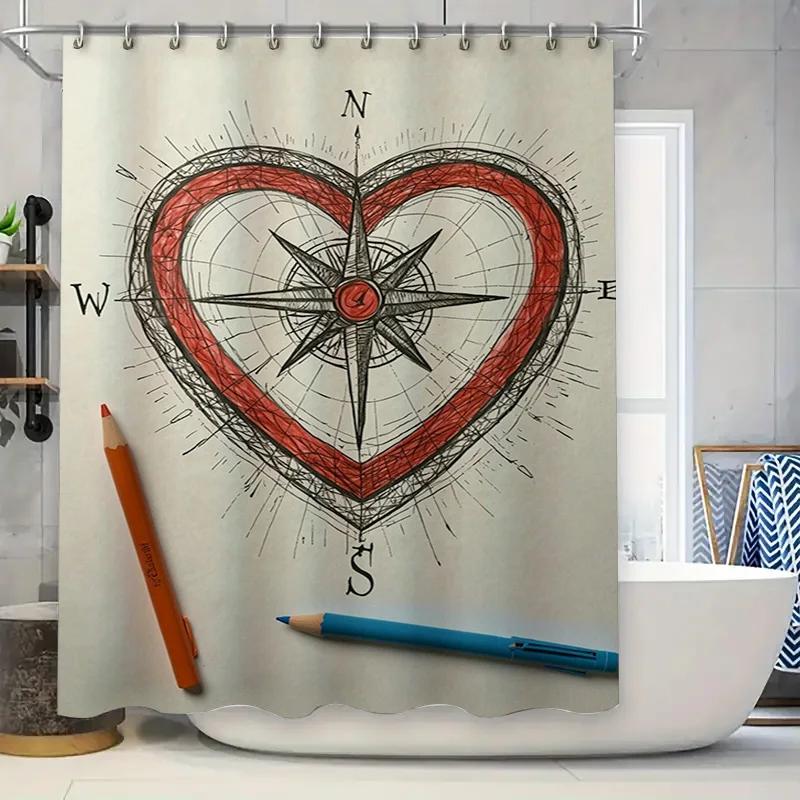 Nautical Decor Shower Curtain Set Waterproof Bathrooms Modern Compass Print Blue Orange Pencil White Bathtub Liner Home Decor W90xH180cm