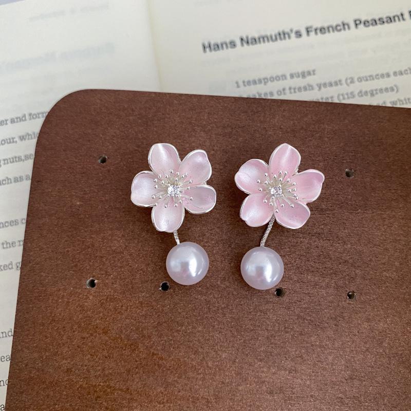 Korean Style Silver Needle Zirconia Enamel Flower & Pearl Earrings - Elegant, Light Luxury Accessories for Women