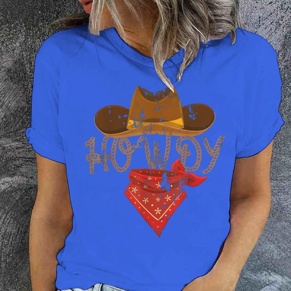 Retro Howdy Cowgirl Print T-shirts For Women Summer Short Sleeve Crew Neck T-shirt Vintage Graphic Tops Tie Dye T-shirts