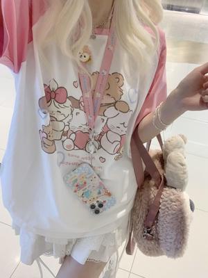 Kawaii Sweat Patchwork Tees Women Japanese Fashion Y2k Harajuku Preppy Style Cartoon Print Loose T-shirts Soft Gril