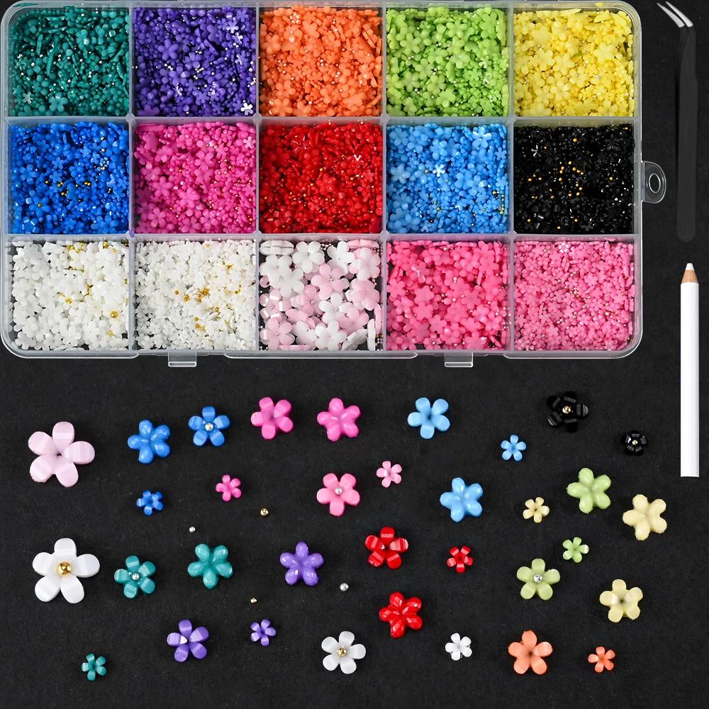 12Grids/Box Mixed Resin Bowknot Nail Charms 3D Colorful Bow Kawaii Rhinestone Nail Art Decorations DIY Manicure Parts Pen Tweeze