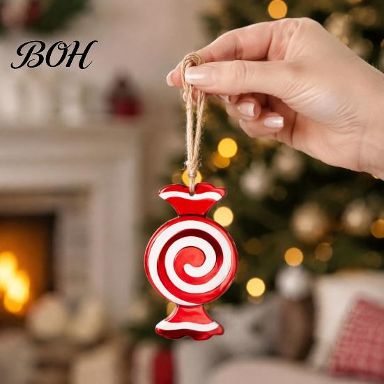 Wooden Christmas Tree Pendant Set Candy Ornaments, Red White Peppermint Cane Lollipop Pendants, Seasonal Decorative Hanging Props Decoration for Xmas