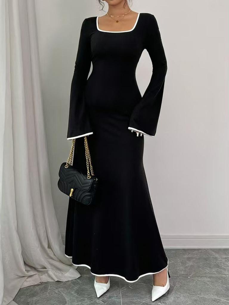 Robe Tricotée Élégante à Manches Longues Color Block Mode Femme