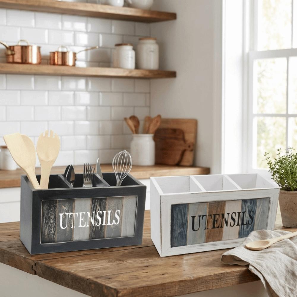 3 Grids Tableware Storage Box Large Capacity with Divider Solid Wood Storage Box Vintage Chopstick Fork Spoon Organizer