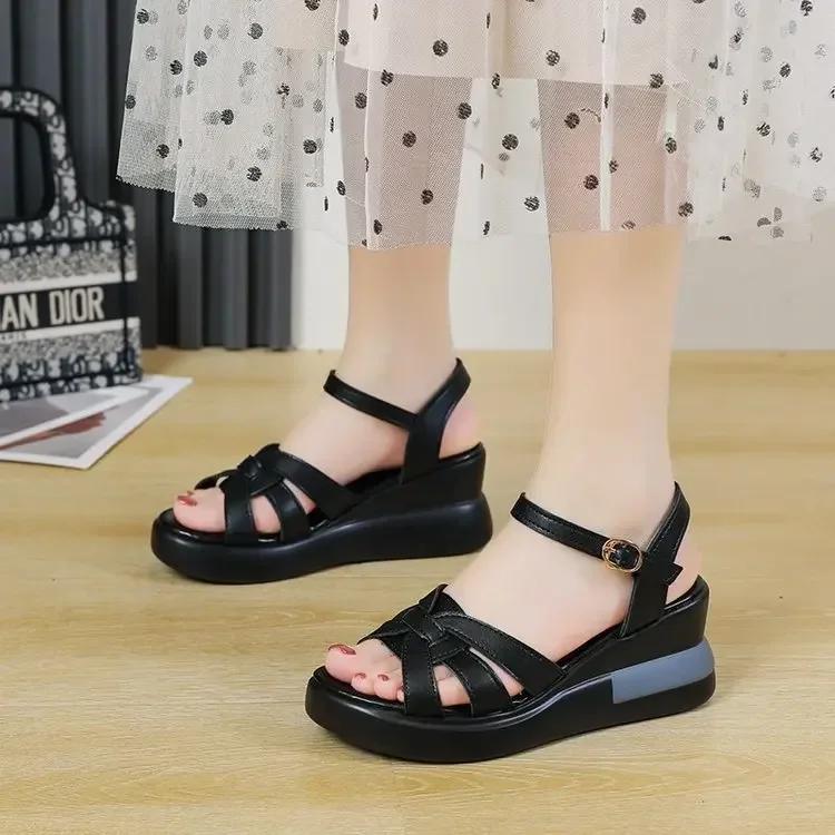 Fashion Women Summer Shoes Wedge Platform Romen Sandals Retro Thick Bottom Casual Buckle Hollow Female Shoes Chaussures Femme Ete 2024