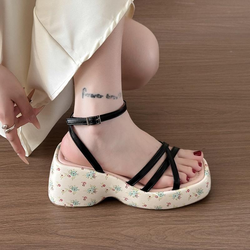 2025 Summer Women Floral Platform Wedges Heel Female Sandals Fashion Narrow Band Ladies Elegant Party Dress Gladiator Sandalias