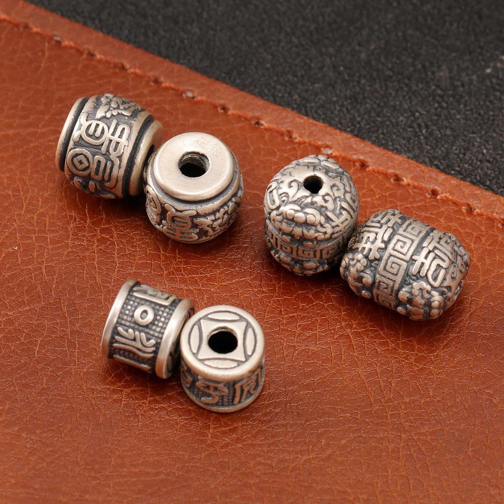 S999 Sterling Silver Wealth & Peace Barrel Spacer Beads for DIY Braiding Rope Silver Accessories