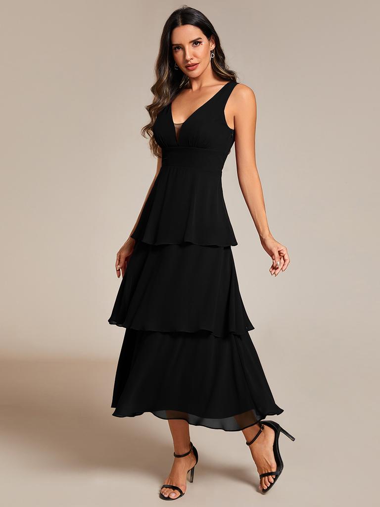 Ever-Pretty Damen Abendkleid mit Stufensaum, Midilänge, Hochzeitsgästekleid, V-Ausschnitt, ärmellos, A-Linie, Chiffon