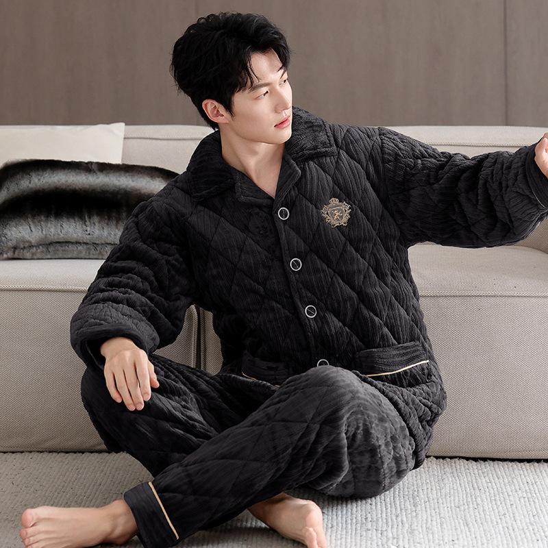 Pajamas Men's Winter 1011 New Three-layer Thickened Fleece Padded Cotton Autumn and Winter Middle-aged Dad Large Size Winter Loungewear