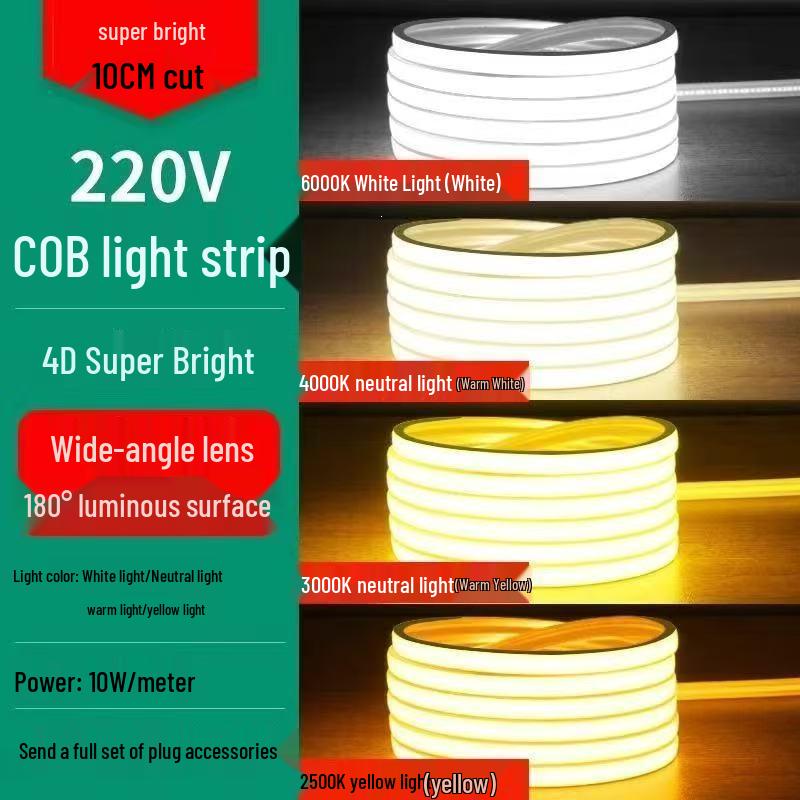 Waterproof 220V Silicone COB LED Strip Light - Bright, No Dark Spots, Indoor/Outdoor Use for Living Rooms
