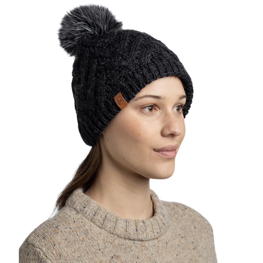 Buff Knitted Fleece Caryn Beanie, Womens black Cap