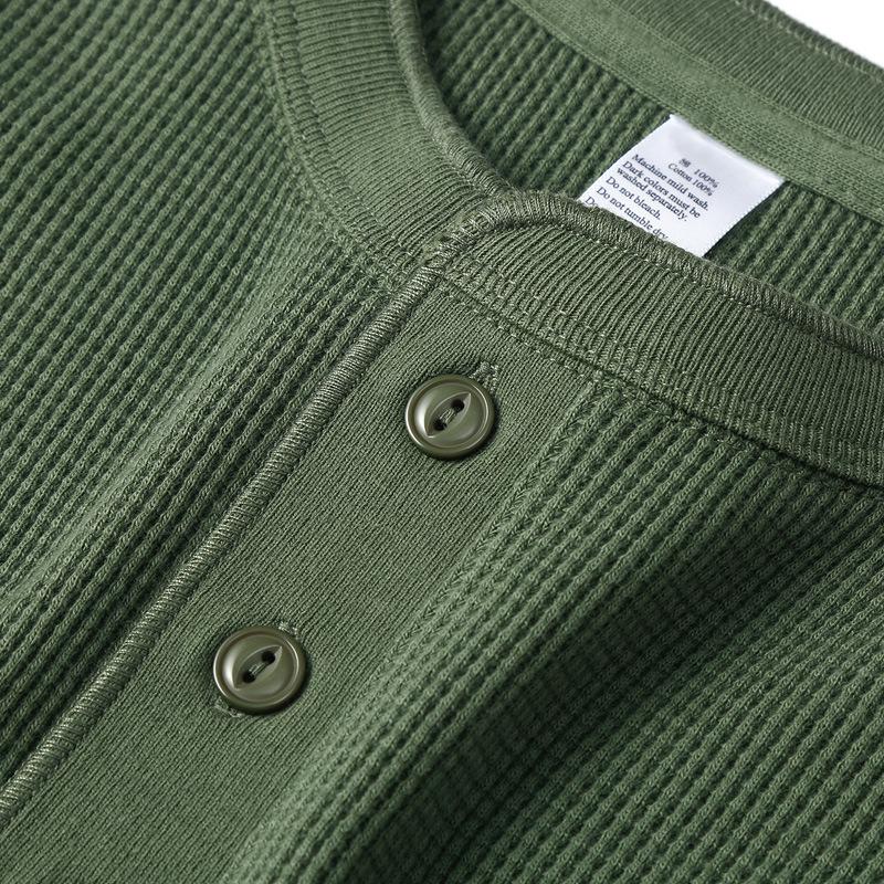 Męska koszulka z długim rękawem Henley Waflowy splot Ciężka Slim Fit Codzienna Vintage Wiosenna Warstwa bazowa Góra