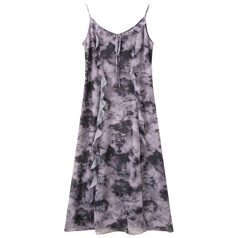 Sancai 2025 Summer Ruffled Strappy Printed Chiffon A-Line Long Dress