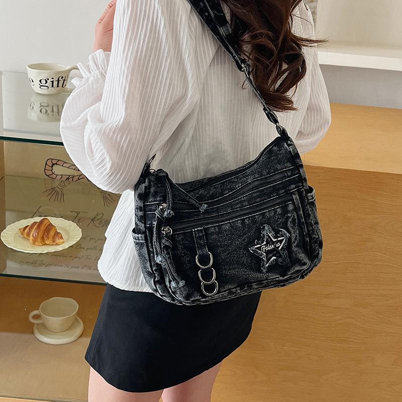 Denim Bag Multi-zipper Retro Crossbody Bag Middle-aged Mother Bag