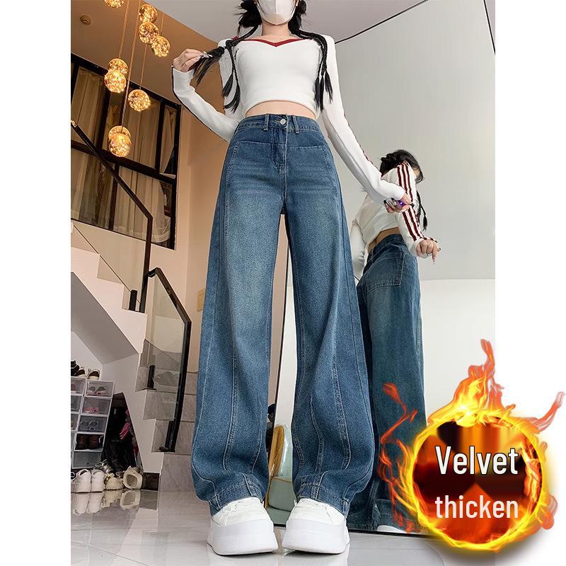 

Women s Plus Size Fleece-Lined Straight-Leg Jeans, Winter 2024 - Wide-Leg, Loose Fit, Banana-Style Trousers. 2XL