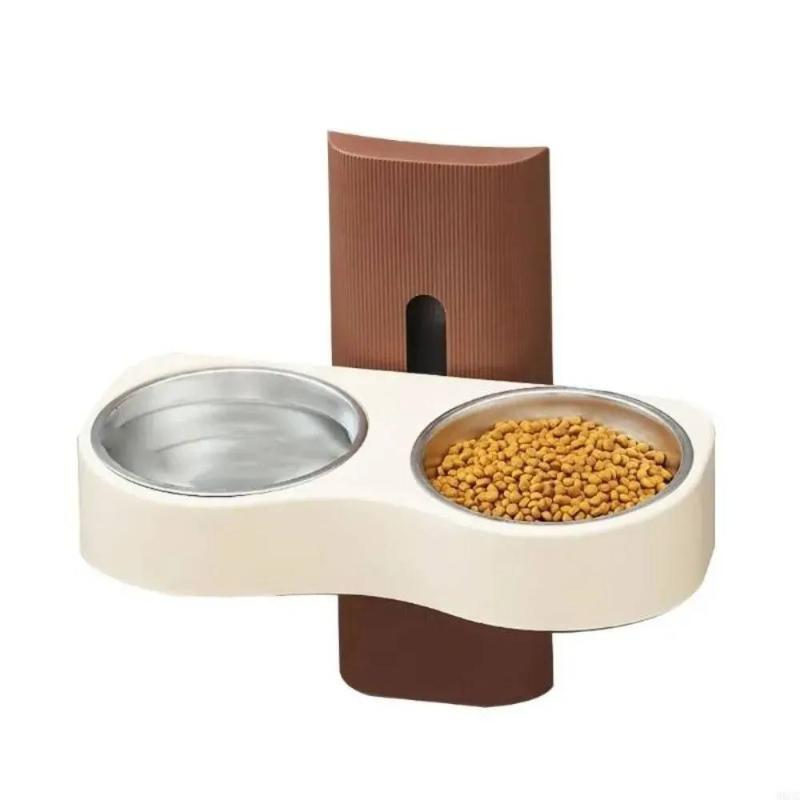 Wall Mounted Cats Watering Bowl Space Saving Height Adjustable Dog Eatting Bowl Double Bowl Neck Protection Pet Feeding Bowl