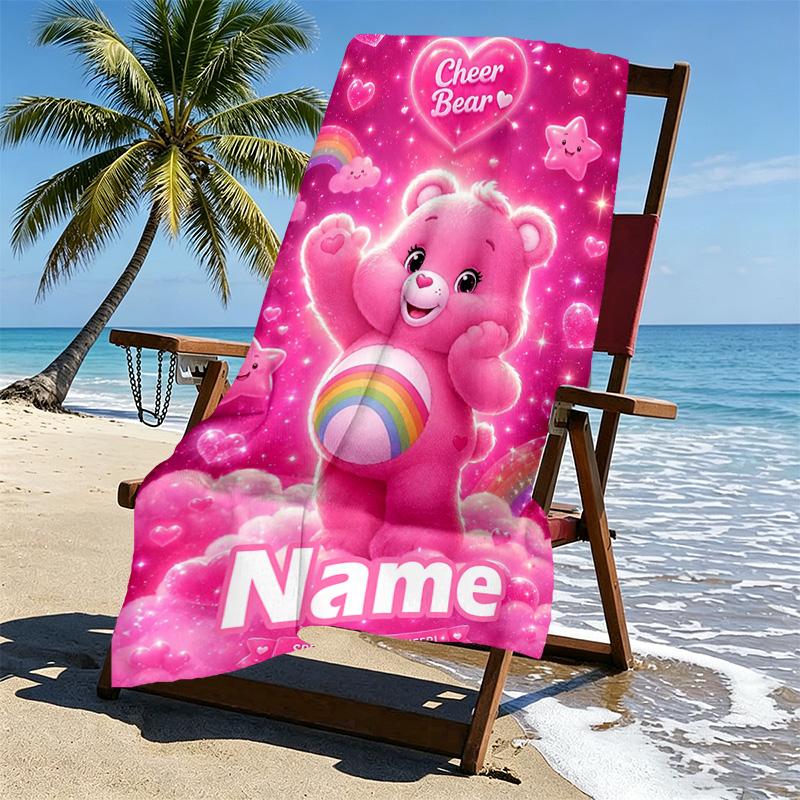 Custom Name Personalized Care Bears Print Beach Towel, for Trip Camping Beach Party Home Decor, Birthday Gift for Family & Friends