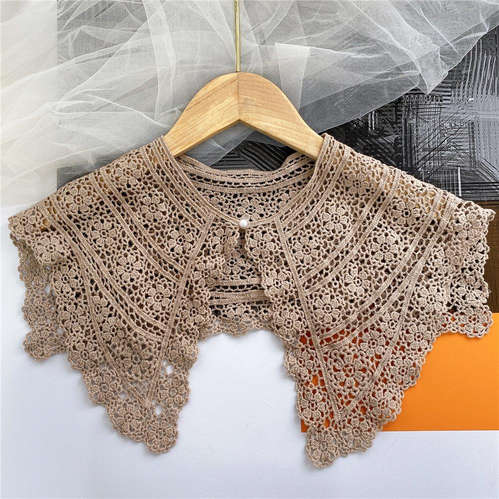 Женский ажурный вязаный крючком фальшивый воротник, цветочный кружевной однотонный Лолита большая шаль, съемная пуговица, короткое пончо-кейплет
