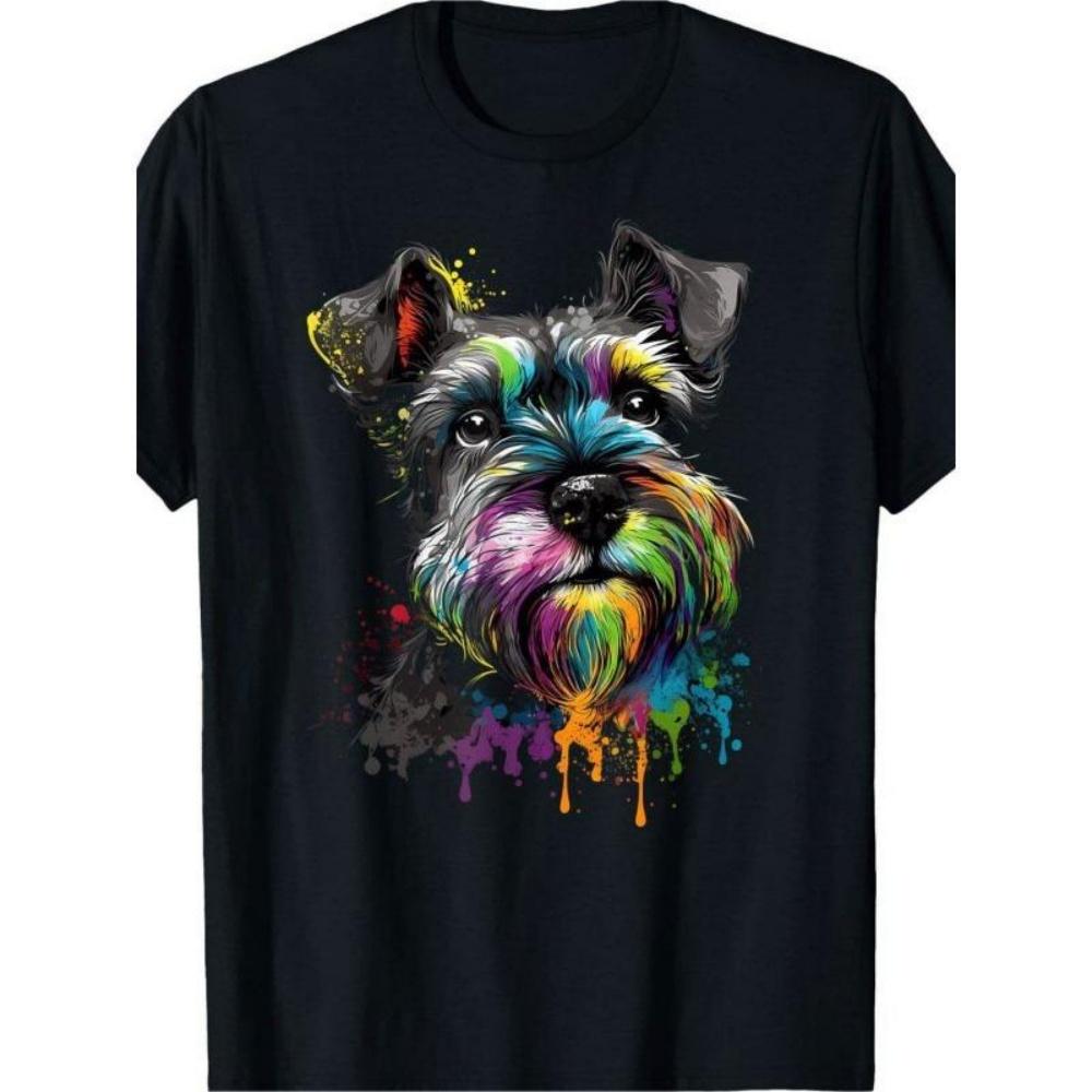 

European Sizes Men S Casual Short Sleeve Oversize T-shirt with Vibrant Miniature Schnauzer Face _ Colorful Dog Art Print, Black Regular Fit XXXXXL чорний