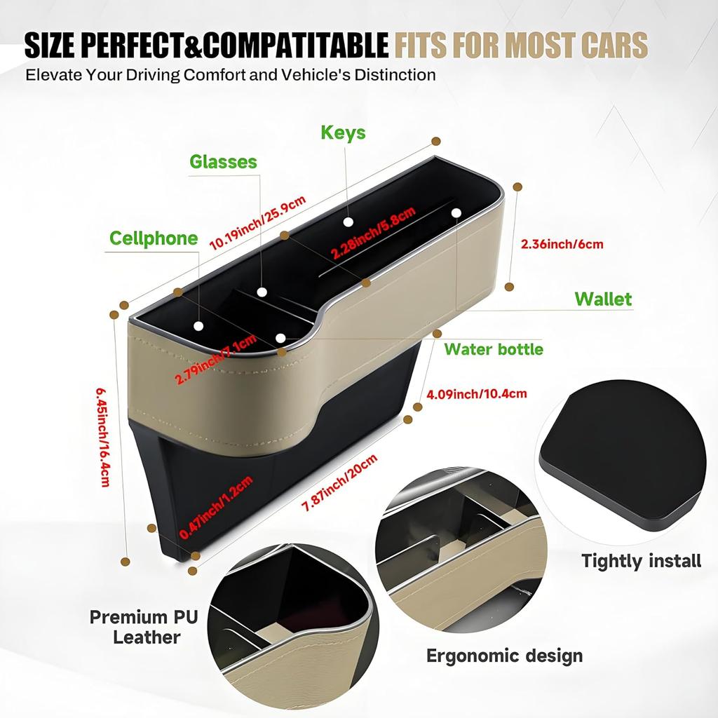 2026 Upgraded 2 PC (L+R) Premium PU Leather Car Seat Gap Filler Organizer With Cup Holder & Storage Slot/Bag– Fits Front Seat, Holds Phone,