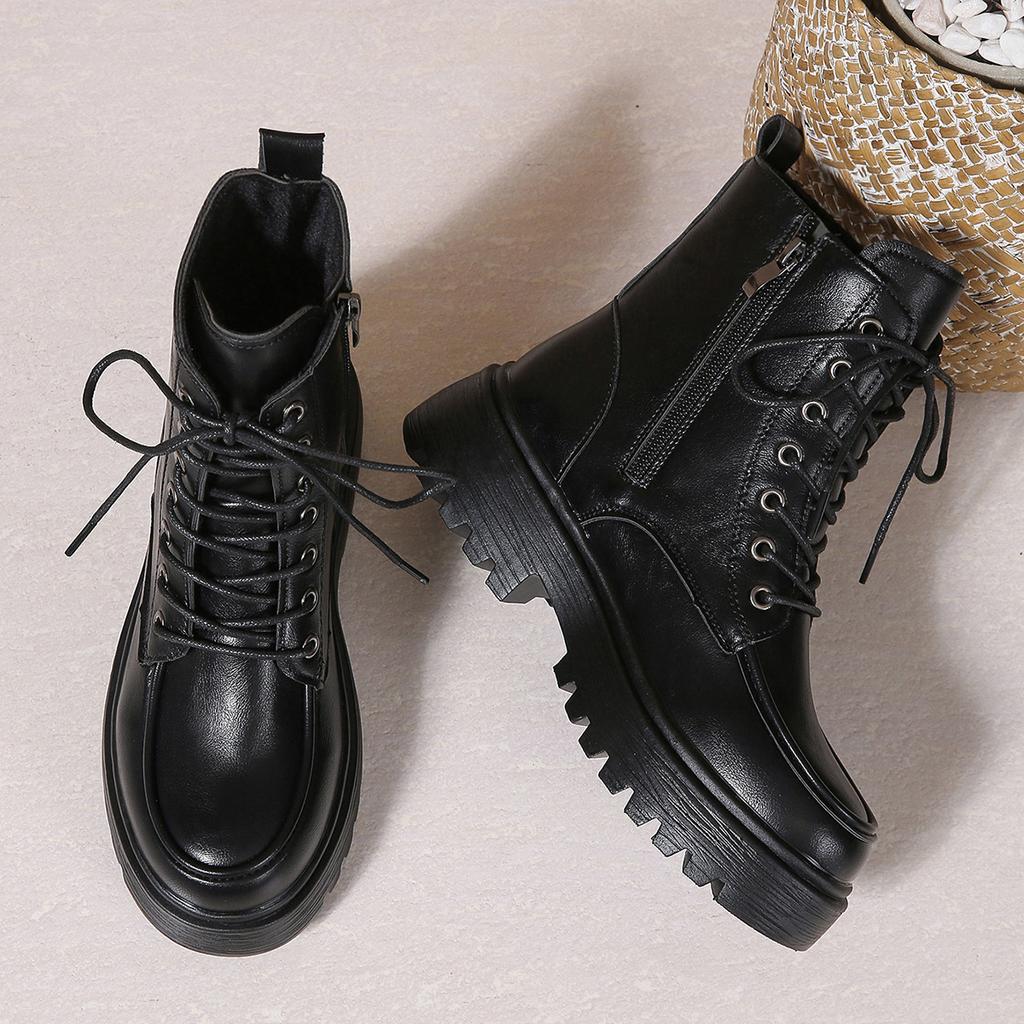 Fashion 2025Summer Autumn Women Ankle Boots Classic Beige Black Leather Gothic Punk Shoes Mid Heels Short Combact Boots Platform Shoes