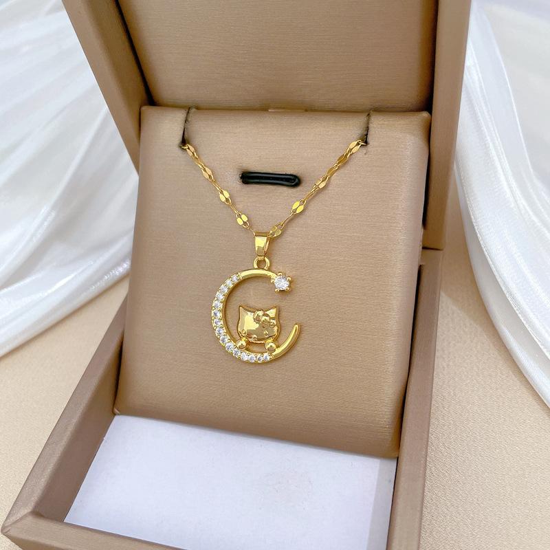 Moon Cat Light Luxury Temperament Gorgeous Full Diamond Necklace Female Versatile Collarbone Chain Titanium Steel Chain