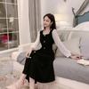 Czarna sukienka w stylu koreańskim kobiety w stylu Vintage kwadratowy kołnierzyk sukienki midi z długim rękawem moda Kpop jesienne szaty damskie