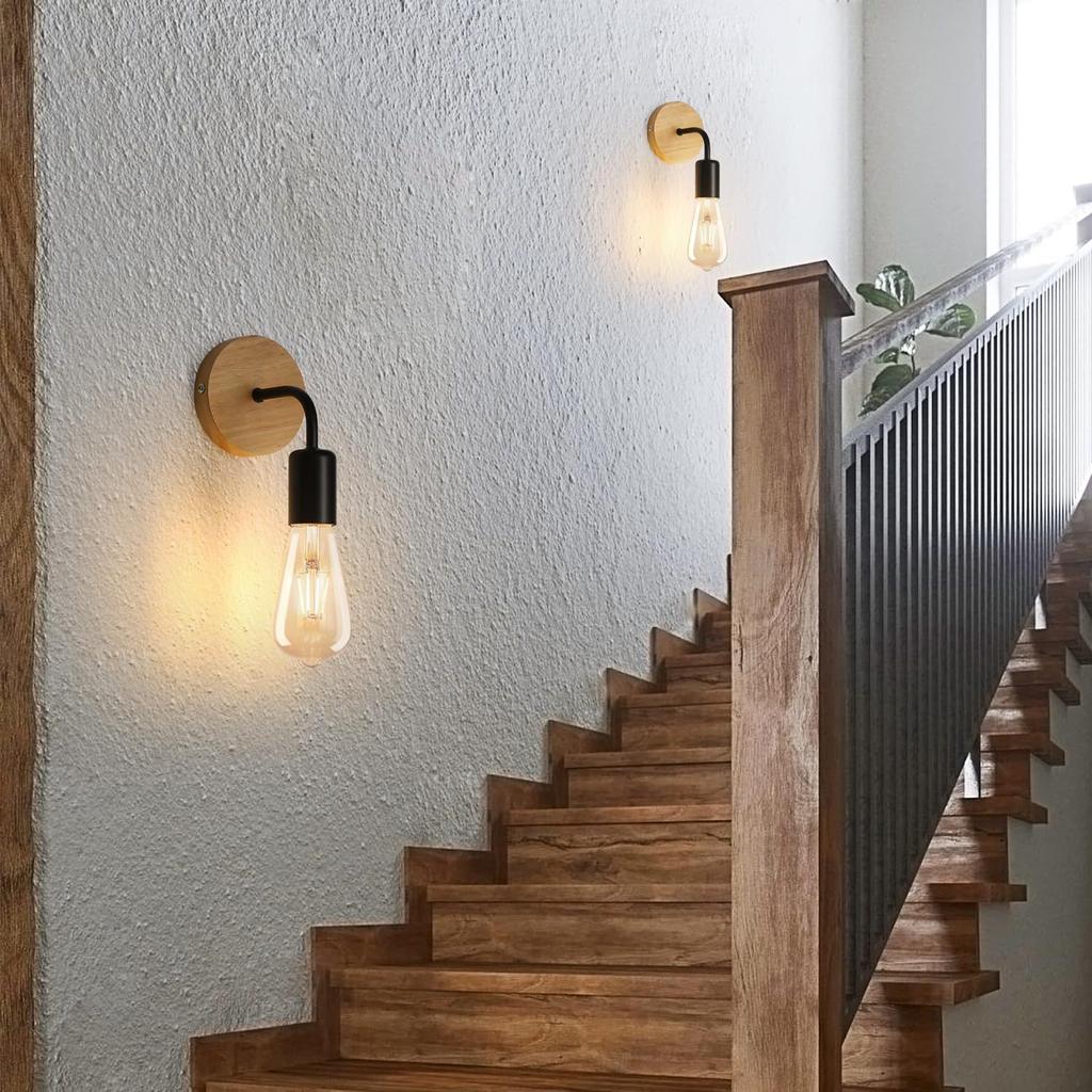 1 Pack/2 Pack Industrial Style, Wood Base Farmhouse Wall Lamp for Living Room, Bedroom, Hallway, Black White
