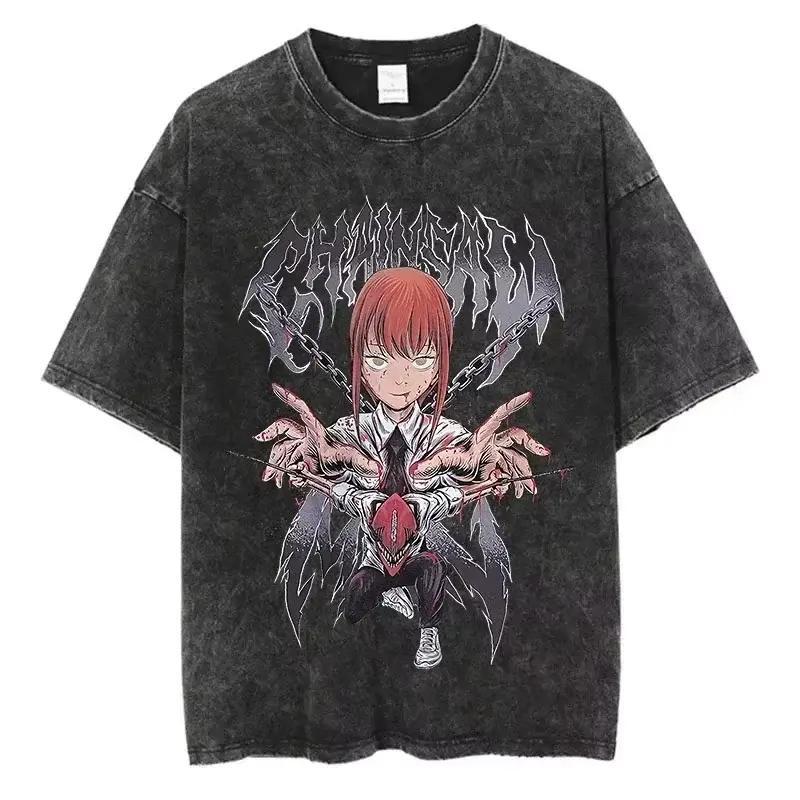 Kettensägenmann Power Anime Bedrucktes T-Shirt für Herren und Damen Gewaschenes T-Shirt Hohe Qualität Vintage Baumwoll-T-Shirt YK Tops