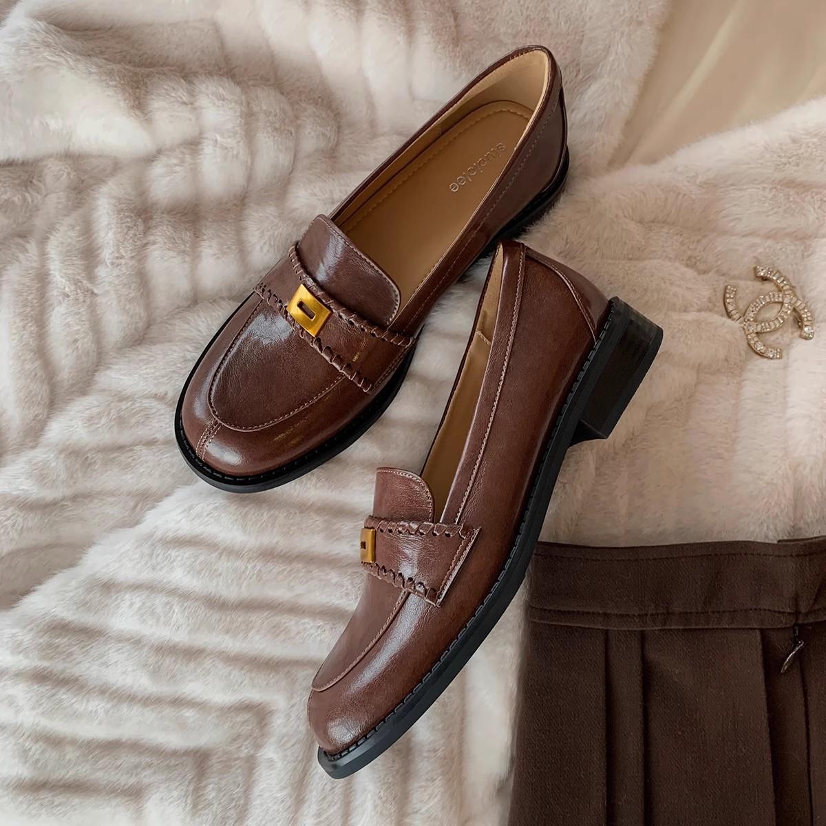 

Cowhide version of grape mother, the same British style retro small gold buckle round head lazy person, thick heel loafer leather shoes women 40