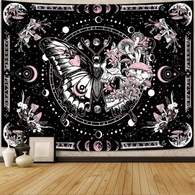 VIKAMA Aesthetic Skull Butterfly Tapestry Pink Mushroom Botanical Lunar Phase Wall Hanging Boho Bedroom Dorm Decor