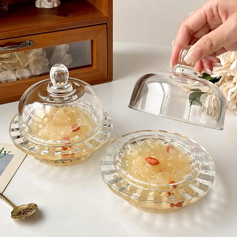 1pcs Chinese Bird's Nest Bowl White Fungus Cup Glass Belt Cover Transparent Delicate High Grade Fruit Dim Sum Dessert Soup Cup