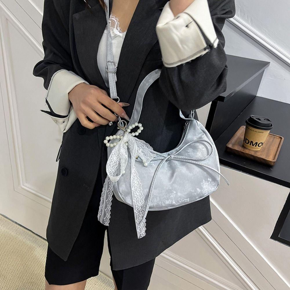 Lace Pearl Pendant Bow Shoulder Bag Large Capacity French Style Handbag PU Hobo Bag  Streetwear