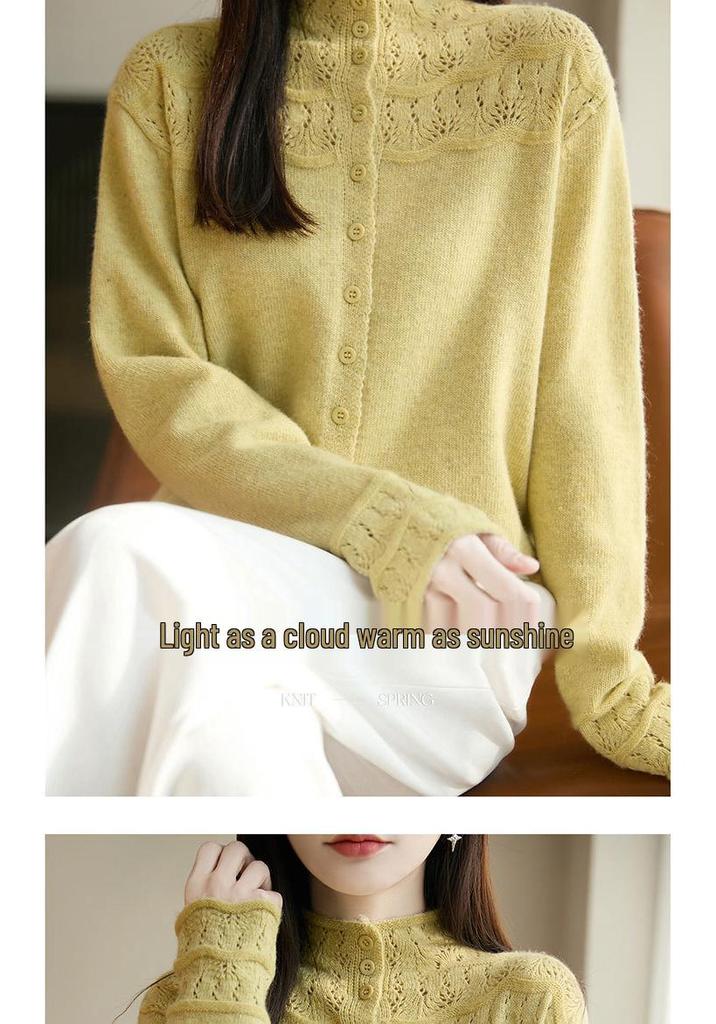 Pink Hollow Out Half-High Neck Cardigan Sweater - Women's Loose Fit Autumn/Winter Fashionable Outerwear