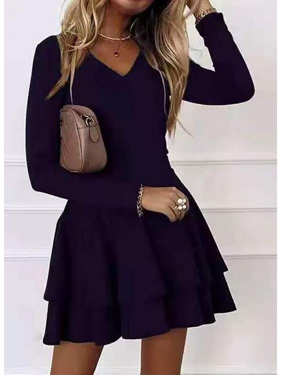 Women's Mid-Waist Solid Color Princess Pullover Dress with Spliced Hem