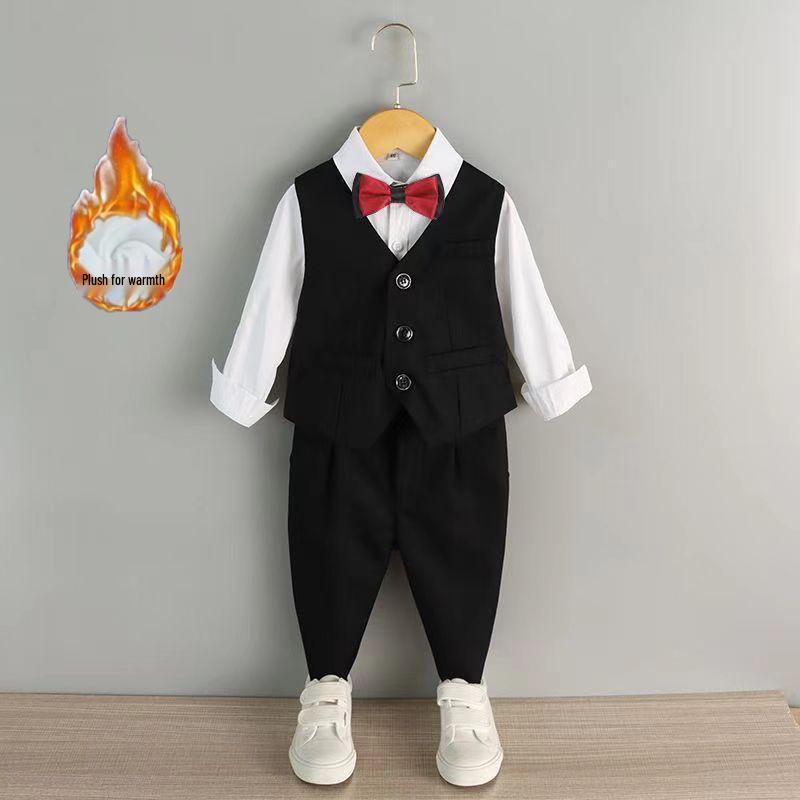 Boy's Formal Ensemble: Fleece White Shirt, Black Suit Pants, Vest, Page Boy Overalls, Performance Costume