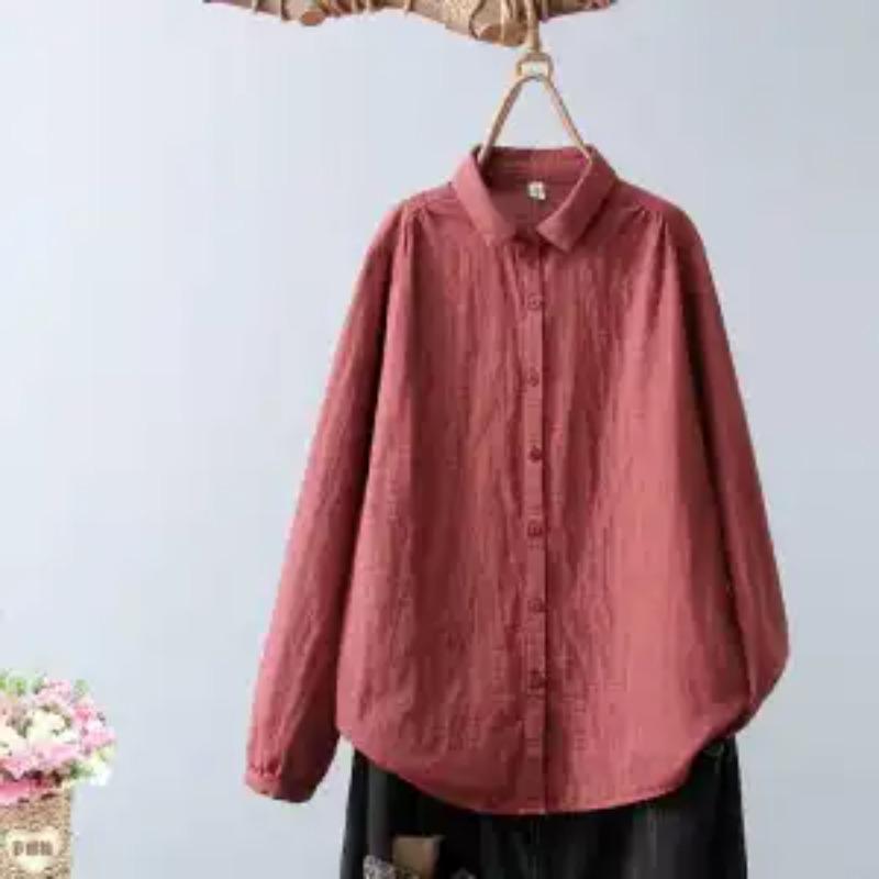 Women Autumn Winter Gray Checkered Cotton Linen Shirt Loose Long Sleeve