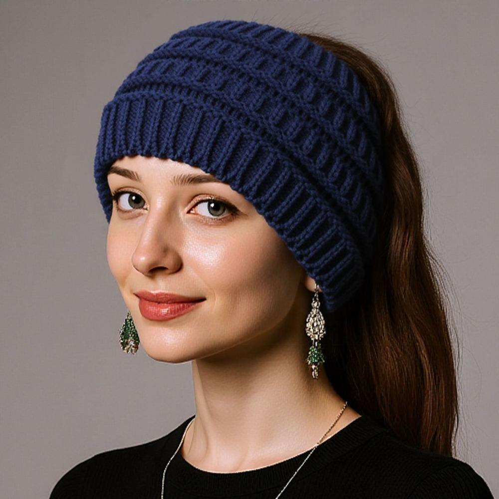 

Однотонная вязаная шапка Утепленная женская шапка Теплая вязаная повязка на голову Зима темно-синий