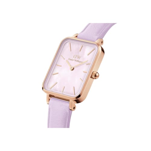 Official Limited Edition/2-Year Warranty: Daniel Wellington DW Women's Quadro Watch in Lavender Purple Leather with Rose Gold and Purple MOP Leather.
