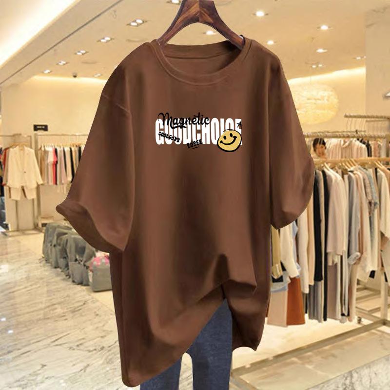 

Cotton short-sleeved T-shirt women s summer 2025 new loose medium and long versatile top ins XXXL