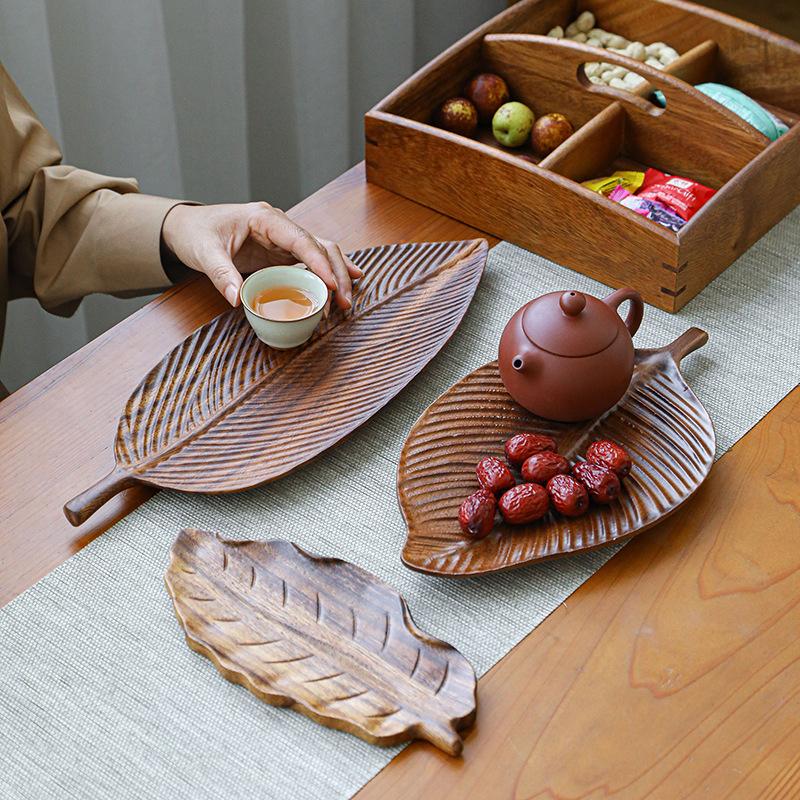 Creative Wooden Tea Tray Leaf Shape Walnut Wood Afternoon Tea Plate Snack Fruit Plate Chinese Tea Ceremony Decor Accessories