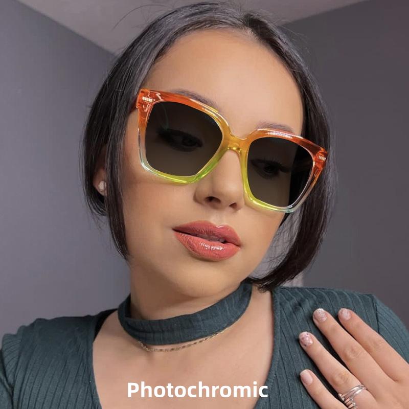 New Rainbow Candy Colored Square Oversized Photochromic Reading Glasses Women Anti Blue Ray Hyperopia Prescription Eyewear