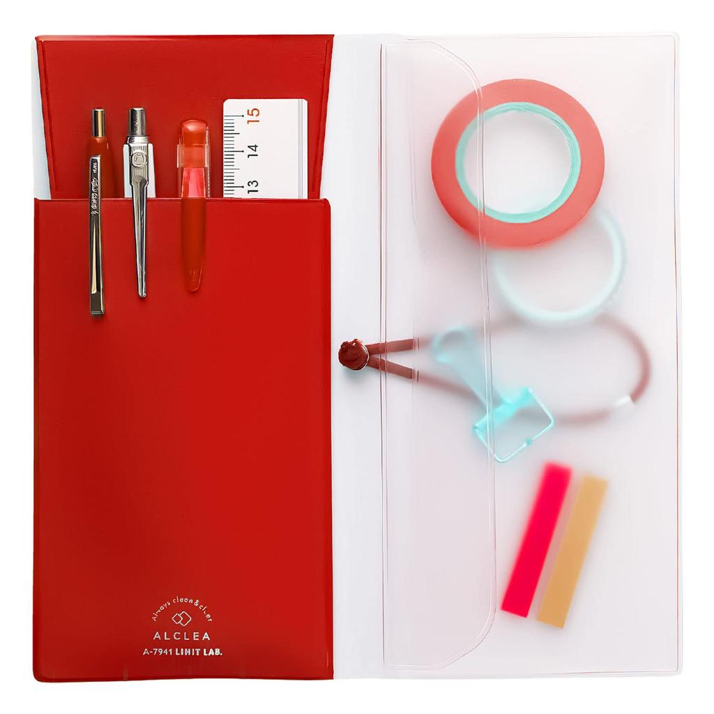 LIHIT LAB Antibacterial PVC Flat Pencil Case, Transparent, Slim, Red, ALCLEA, A7941-3